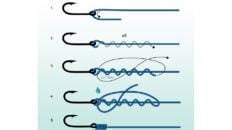 Anleitung zum Angelknoten binden: Schritt-für-Schritt Grafik für den sicheren Verbesserter Clinch-Knoten mit einer stabilen Angelschnur Knoten Verbindung.