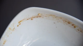Close-up of a dirty ceramic bowl with dried food residue and stubborn caked-on food stains.